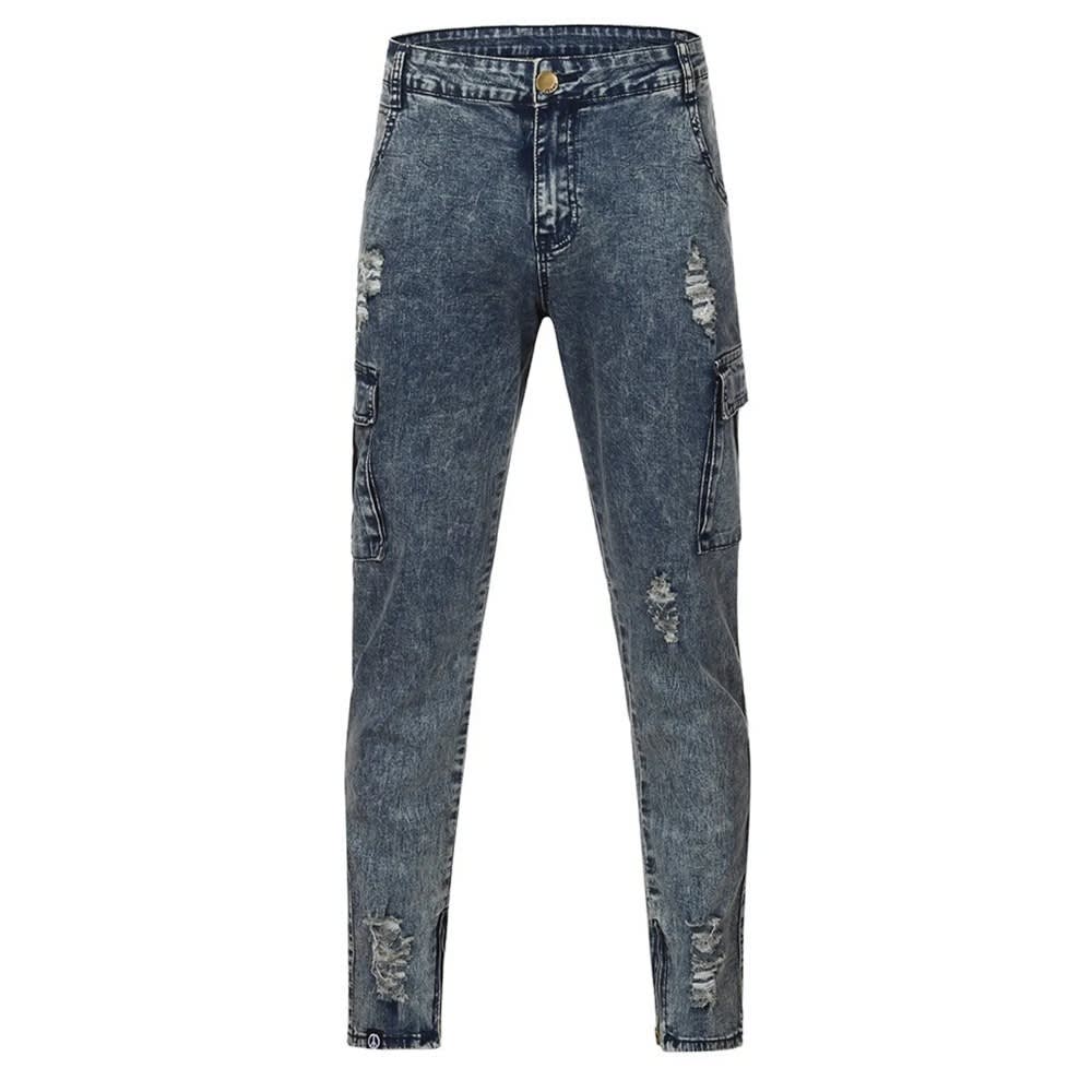 Spring Autumn Men's Casual Frayed Slim Fit Long Denim Pants